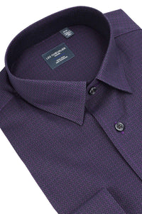 Tonal Plum Neat Geometric Cotton Sport Shirt with Hidden Button Down Collar by Leo Chevalier