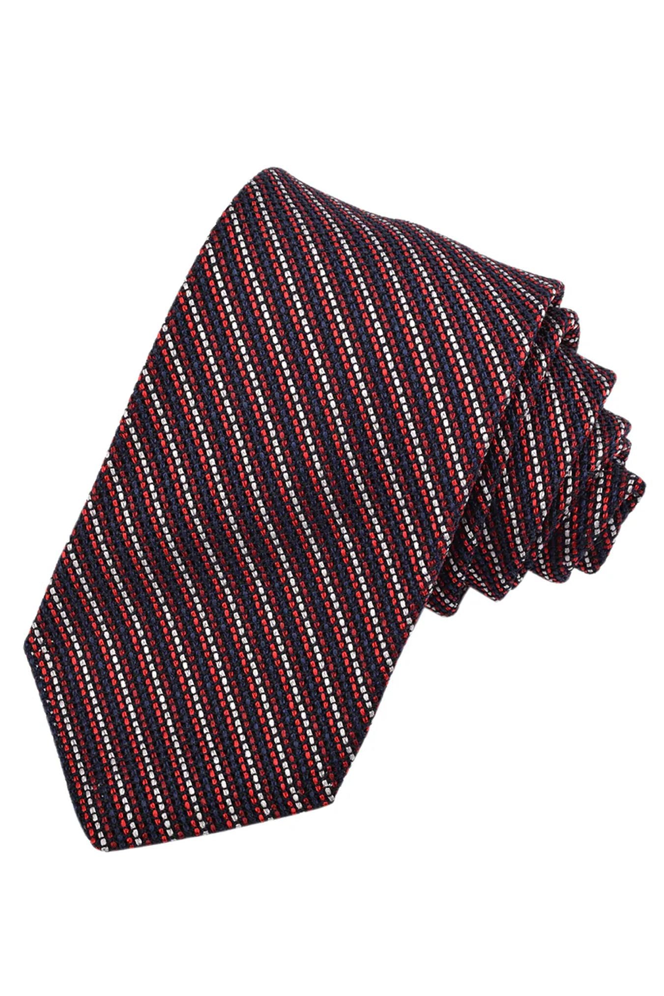 Navy, Red, and Wine Fine Line Bar Stripe Italian Garza Grossa Grenadine Silk Tie by Dion Neckwear