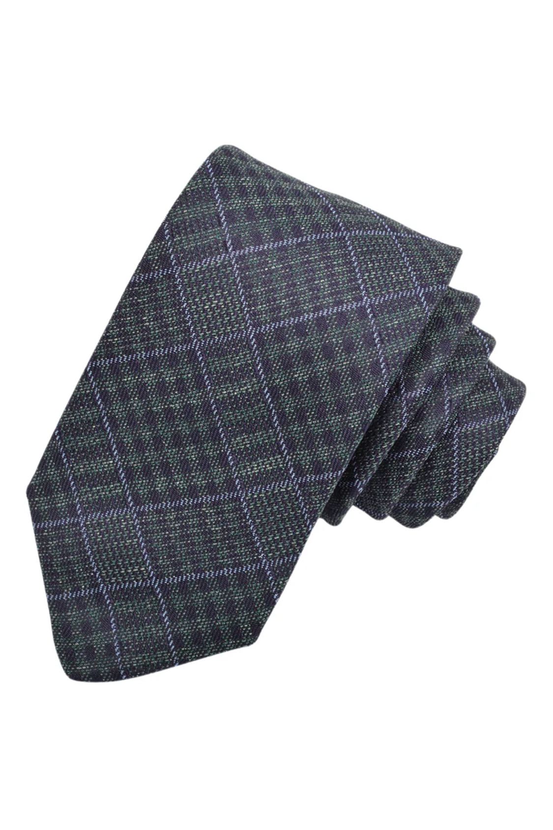 Forest, Ice Blue, and Navy Oversized Glencheck Italian Silk Woven Jacquard Tie by Dion Neckwear