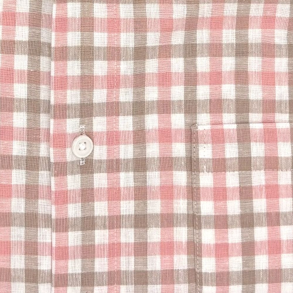 Linen and Cotton Short Sleeve Sport Shirt in Coral and Beige Plaid by Viyella