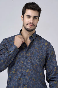 Navy and Gold Floral Paisley Print No-Iron Cotton Sport Shirt with Hidden Button Down Collar by Leo Chevalier