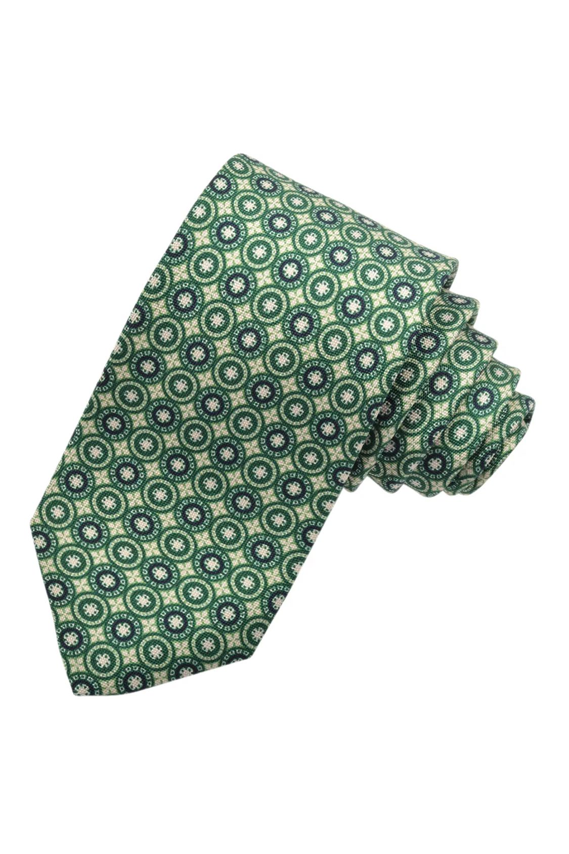 Forest, Army, and Navy Circular Medallion Silk Printed Panama Tie by Dion Neckwear
