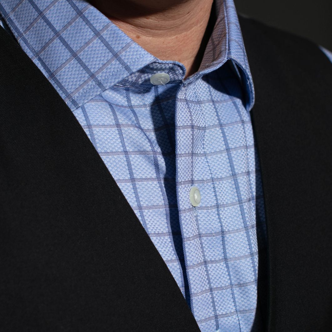 Blue Text Box Check Wrinkle-Free Cotton Dress Shirt with Spread Collar by Cooper & Stewart