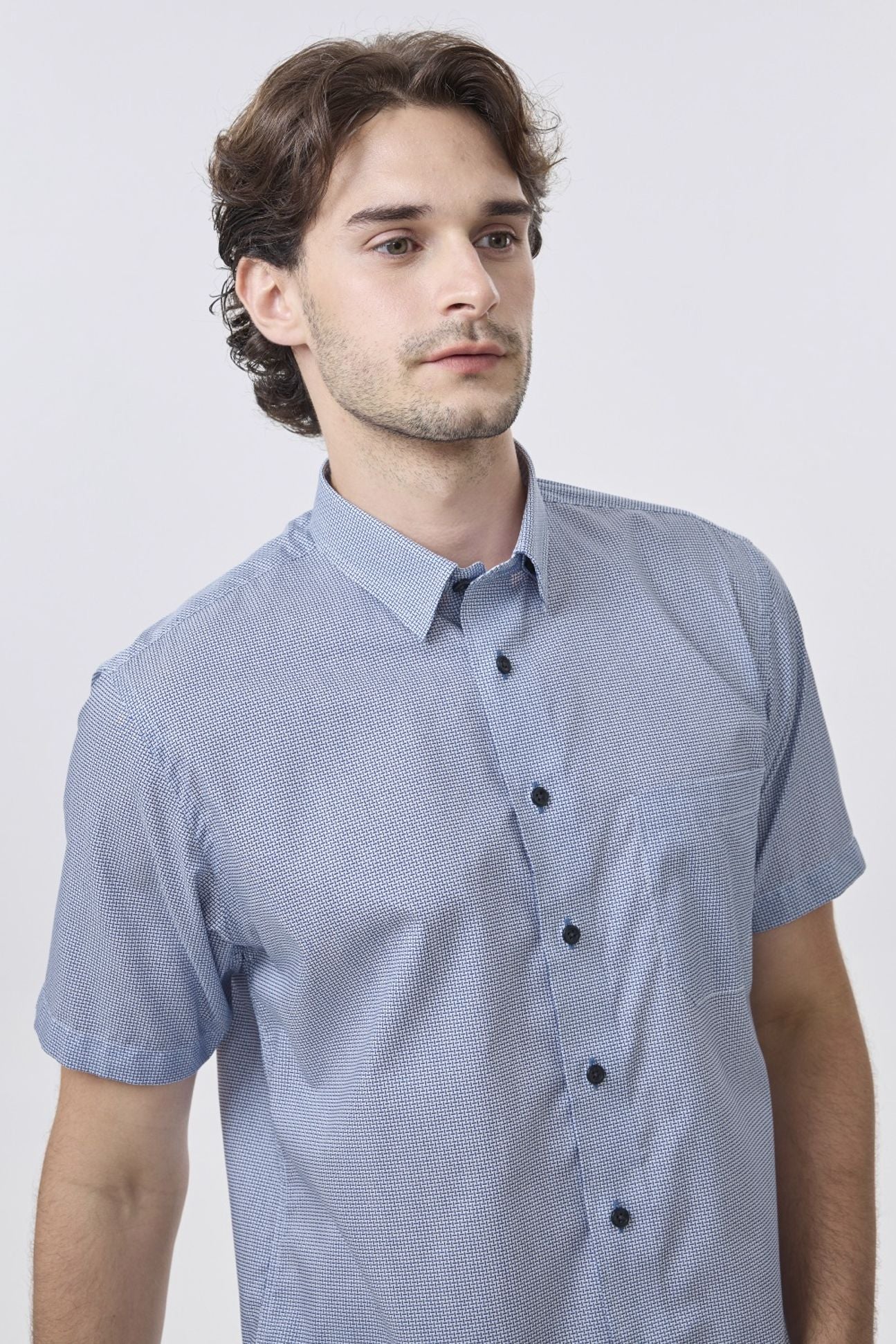 Blue and White Neat Grid Short Sleeve No-Iron Cotton Sport Shirt with Hidden Button Down Collar by Leo Chevalier
