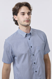 Blue and White Neat Grid Short Sleeve No-Iron Cotton Sport Shirt with Hidden Button Down Collar by Leo Chevalier