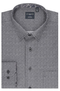 Grey Geometric Print Cotton Sport Shirt with Hidden Button Down Collar by Leo Chevalier