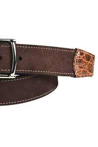 Sueded Calfskin Casual Belt with Crocodile-Embossed Calfskin Tabs in Dark Brown by Torino Leather