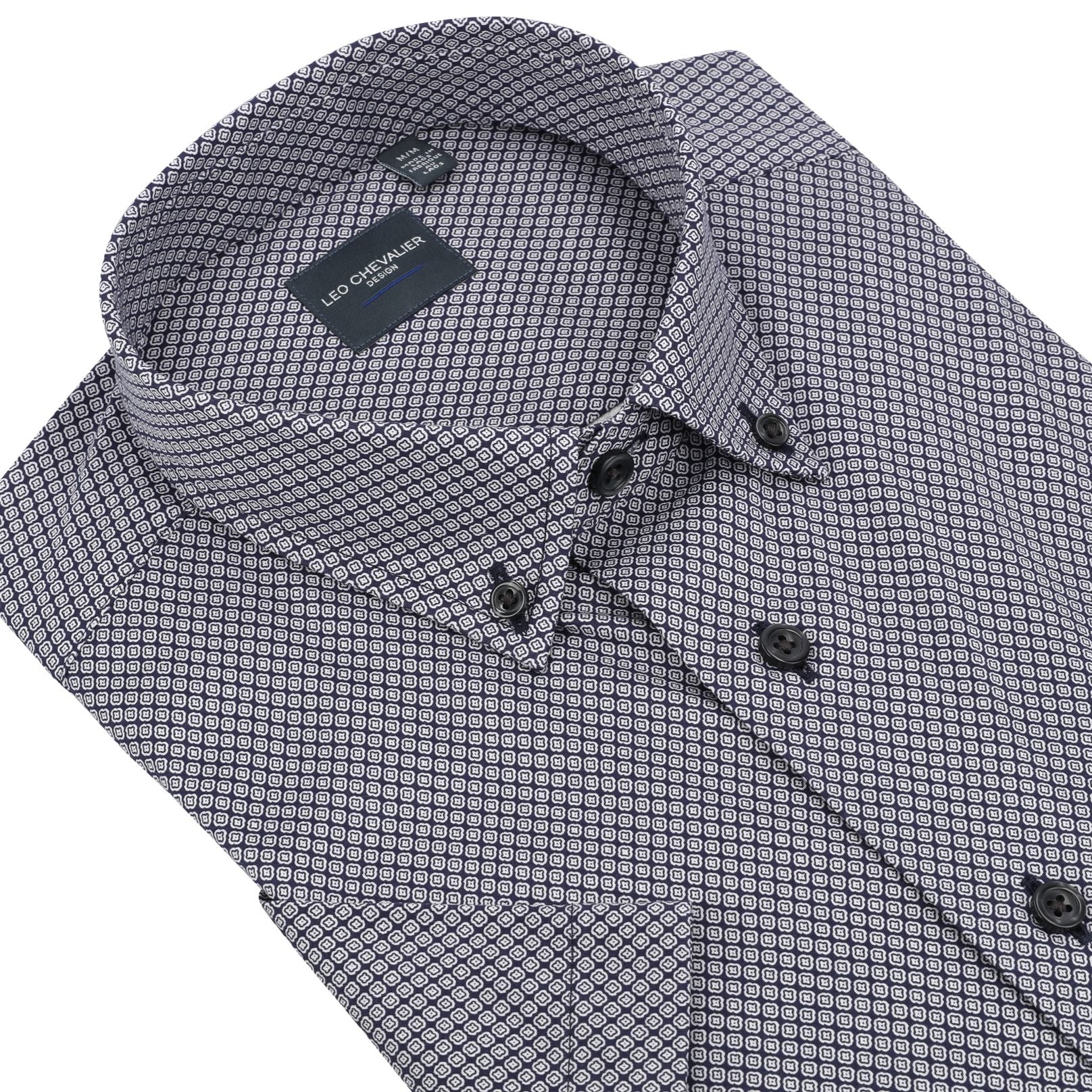 Navy Geometric Print Knit Short Sleeve Sport Shirt with Button Down Collar by Leo Chevalier