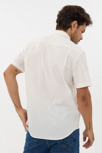 Natural Linen-Look Cotton Slub Short Sleeve Sport Shirt with Button-Down Collar by Leo Chevalier
