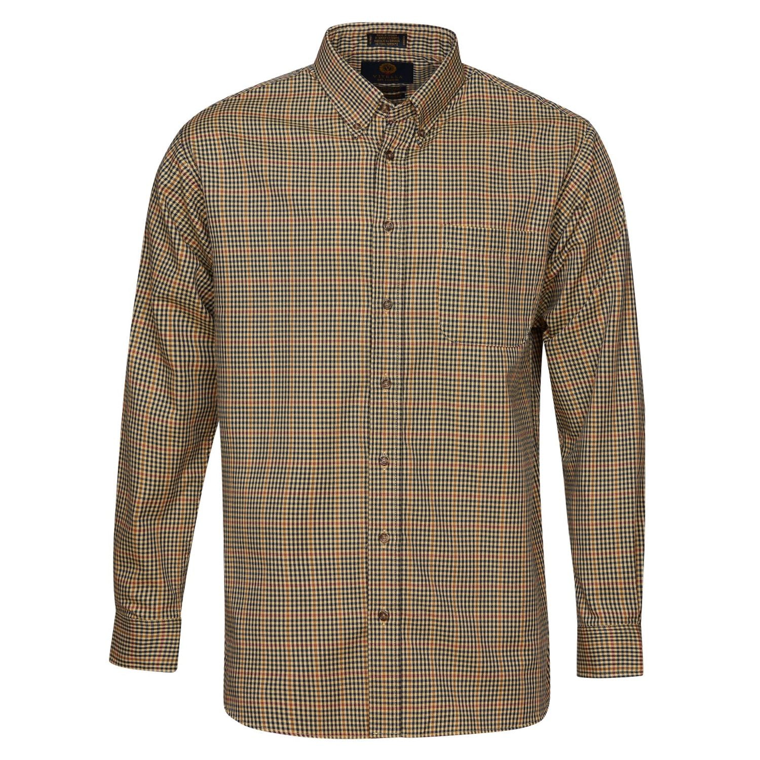 Tan and Navy Check Cotton and Wool Blend Button-Down Shirt (TAILORED FIT) by Viyella