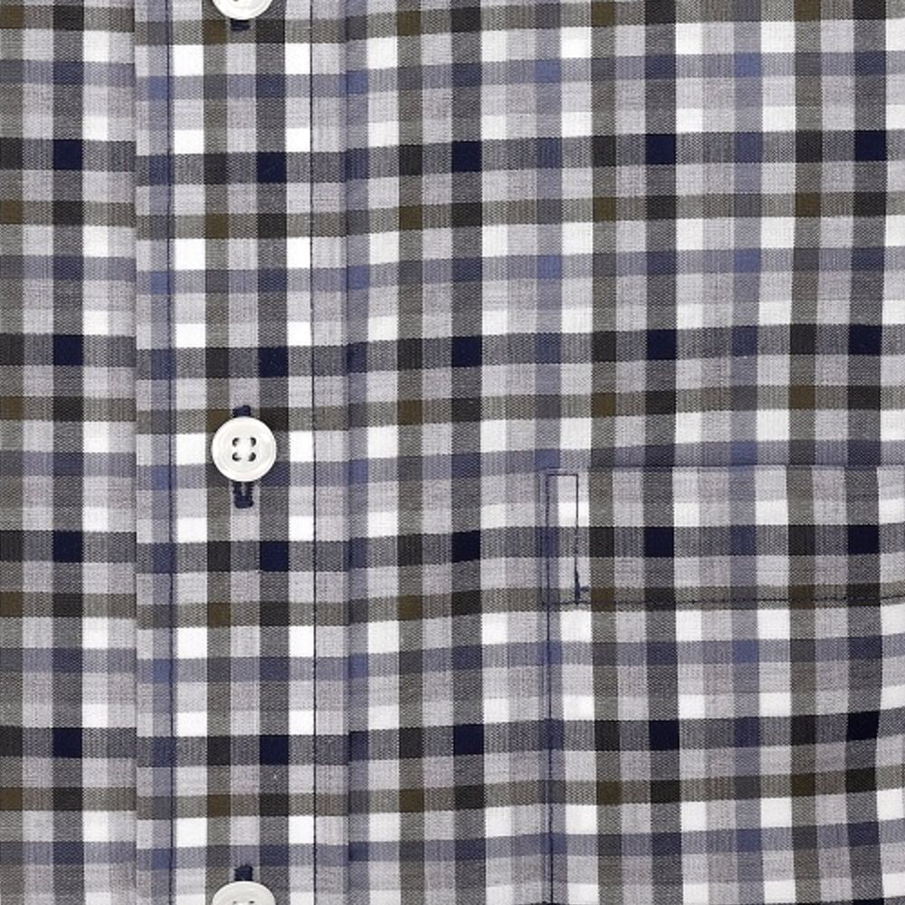 Moss, Navy, and Grey Plaid Short Sleeve No-Iron Cotton Sport Shirt with Button Down Collar by Leo Chevalier