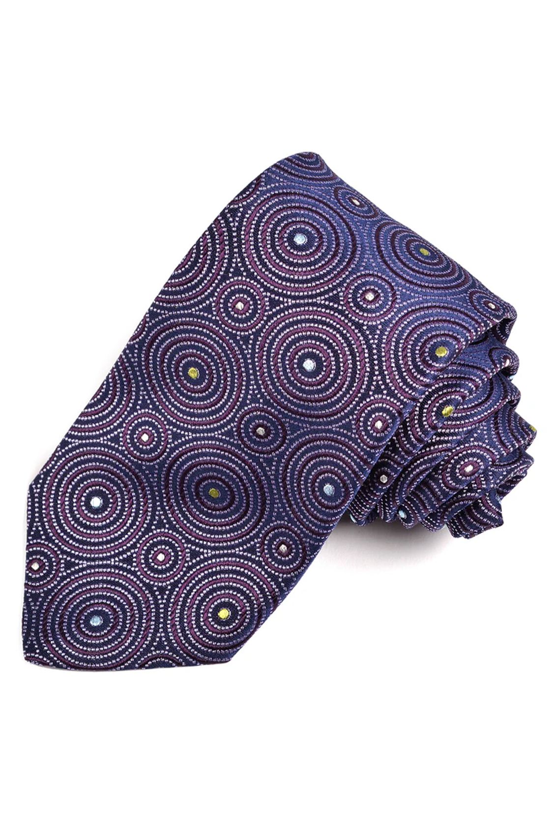 Navy, Plum, Lilac, and Lime Circular Dot Medallion Italian Silk Woven Jacquard Tie by Dion Neckwear