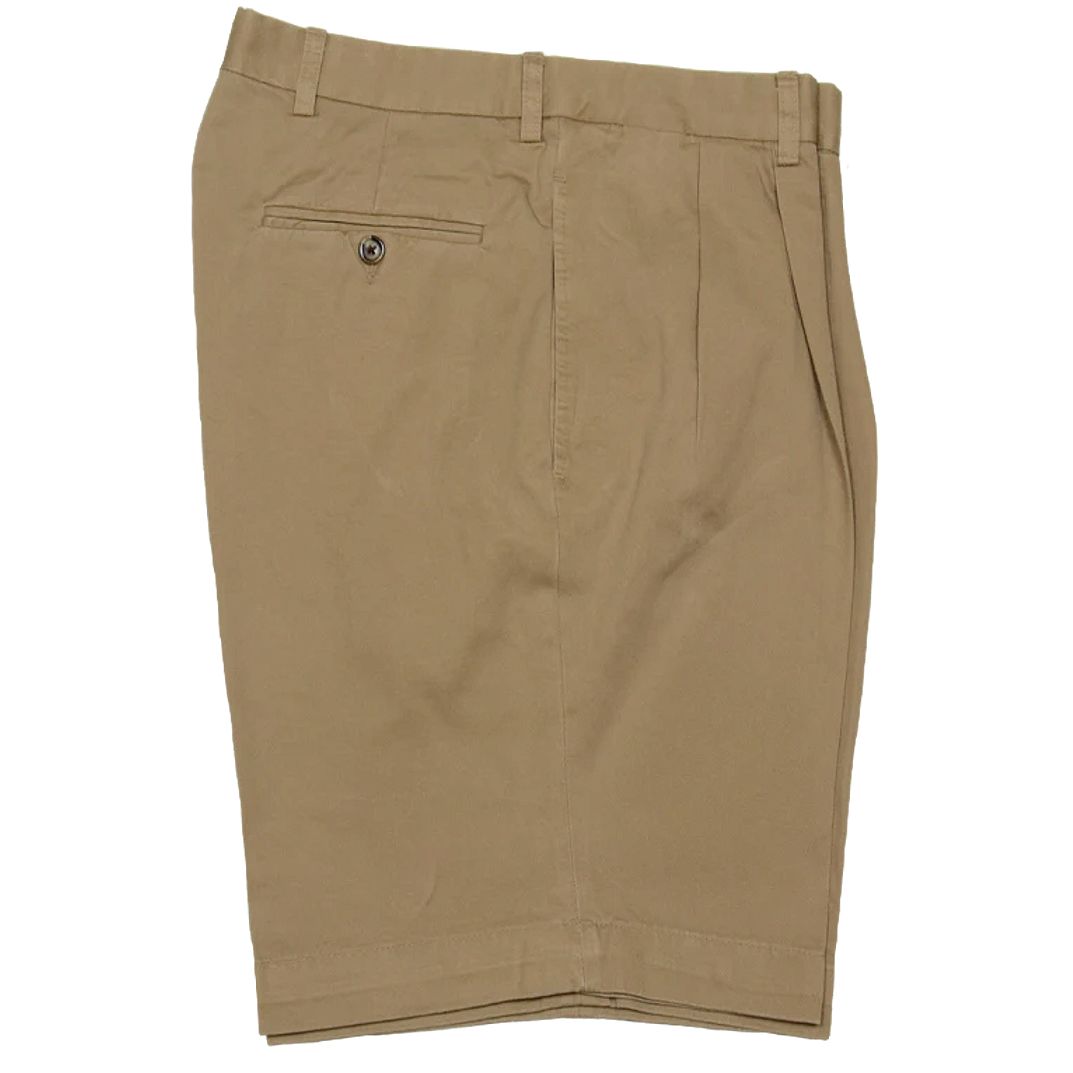 Washed Khaki Shorts in British Tan (Oak9 Double Reverse Pleat) by Charleston Khakis