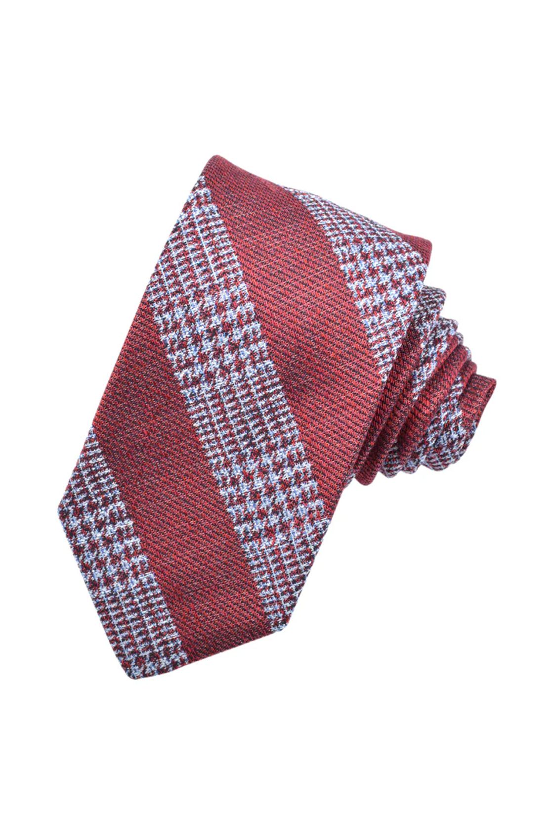 Red, Sky, and White Cotton, Linen, and Silk Glencheck Heathertone Woven Jacquard Tie by Dion Neckwear