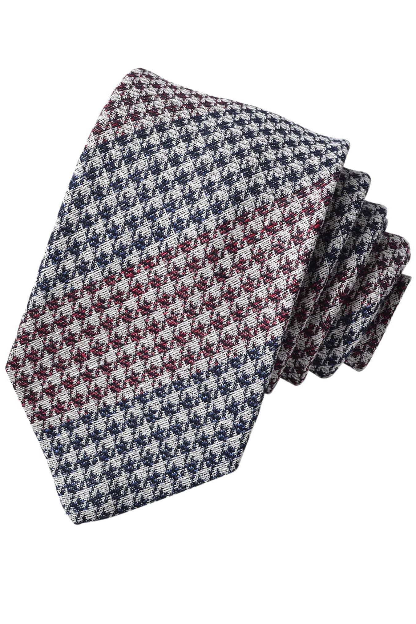 Burgundy, Denim Blue, and Latte Herringbone Plaid Silk, Linen, and Cotton Woven Jacquard Tie by Dion Neckwear