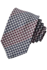 Burgundy, Denim Blue, and Latte Herringbone Plaid Silk, Linen, and Cotton Woven Jacquard Tie by Dion Neckwear