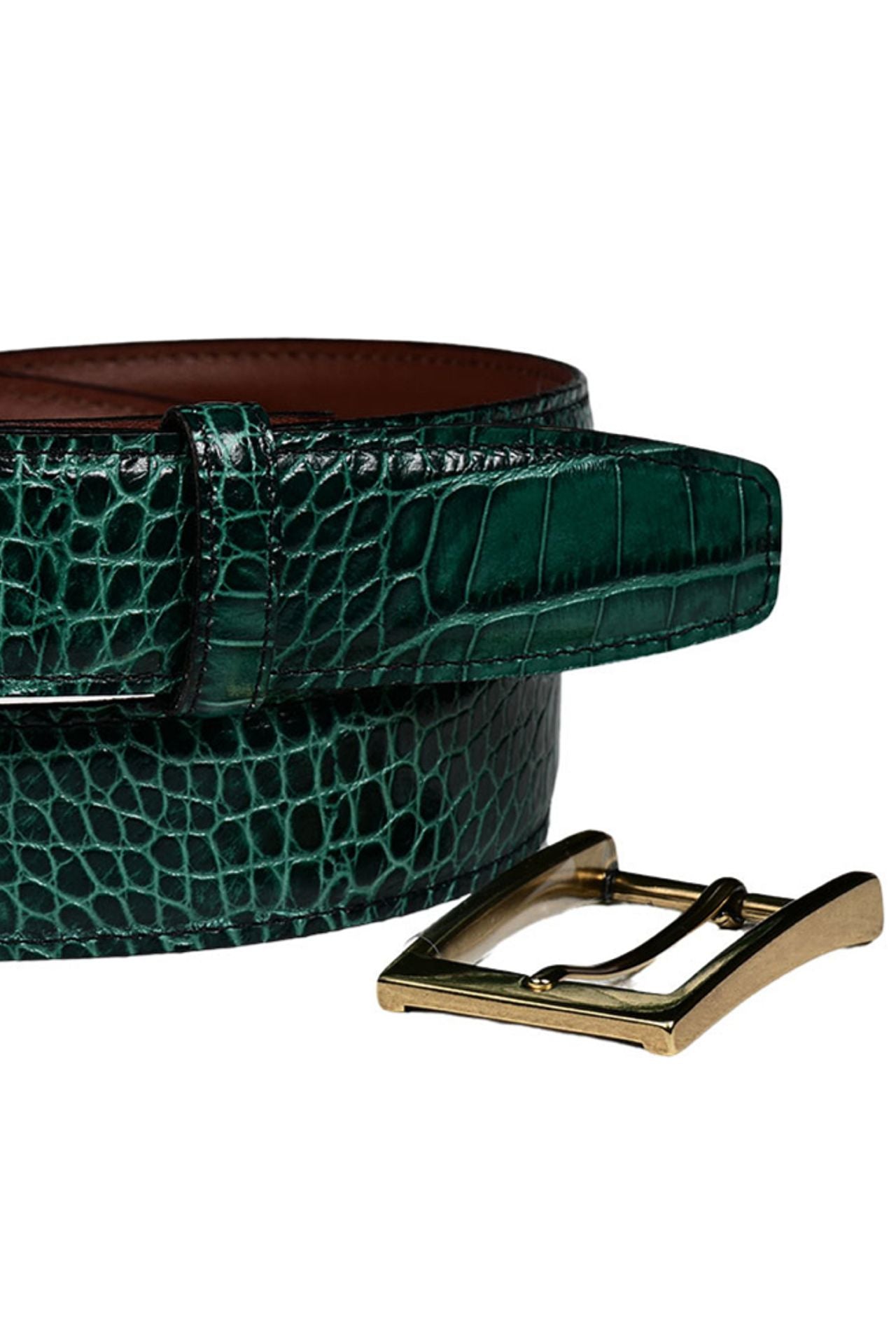 Alligator Grain Embossed Calfskin Belt with Interchangeable Buckles in Gator Green by Torino Leather