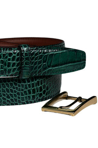 Alligator Grain Embossed Calfskin Belt with Interchangeable Buckles in Gator Green by Torino Leather
