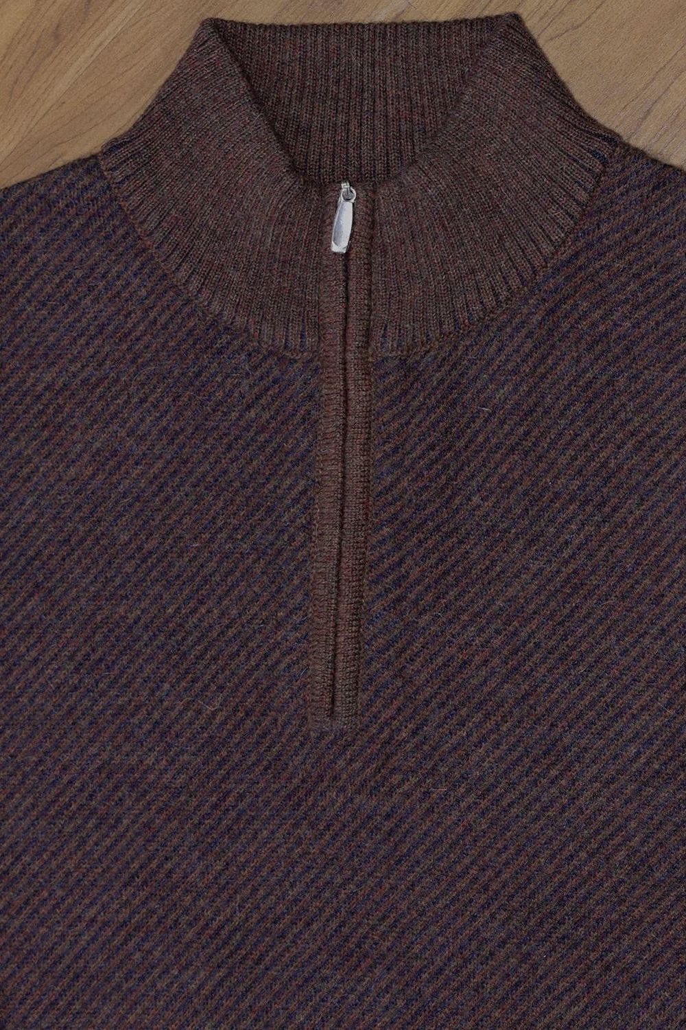 Royal Alpaca Diagonal Jacquard Half-Zip Lightweight Sweater in Chocolate and Midnight Heather by Peru Unlimited
