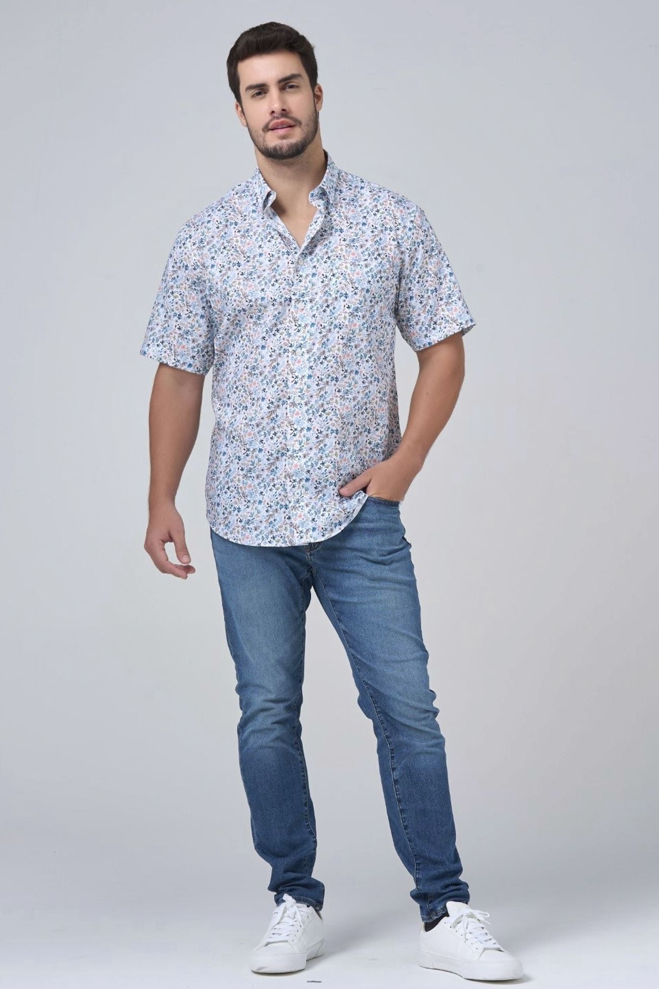 Pastel Mini Floral Print Short Sleeve No-Iron Cotton Sport Shirt with Hidden Button Down Collar by Leo Chevalier
