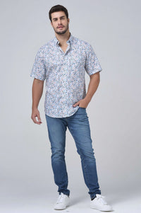 Pastel Mini Floral Print Short Sleeve No-Iron Cotton Sport Shirt with Hidden Button Down Collar by Leo Chevalier