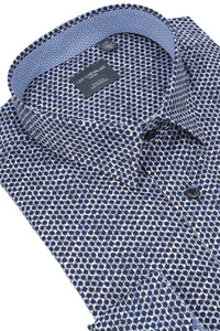 Multi Blue Dot Print Cotton Sport Shirt with Hidden Button Down Collar by Leo Chevalier