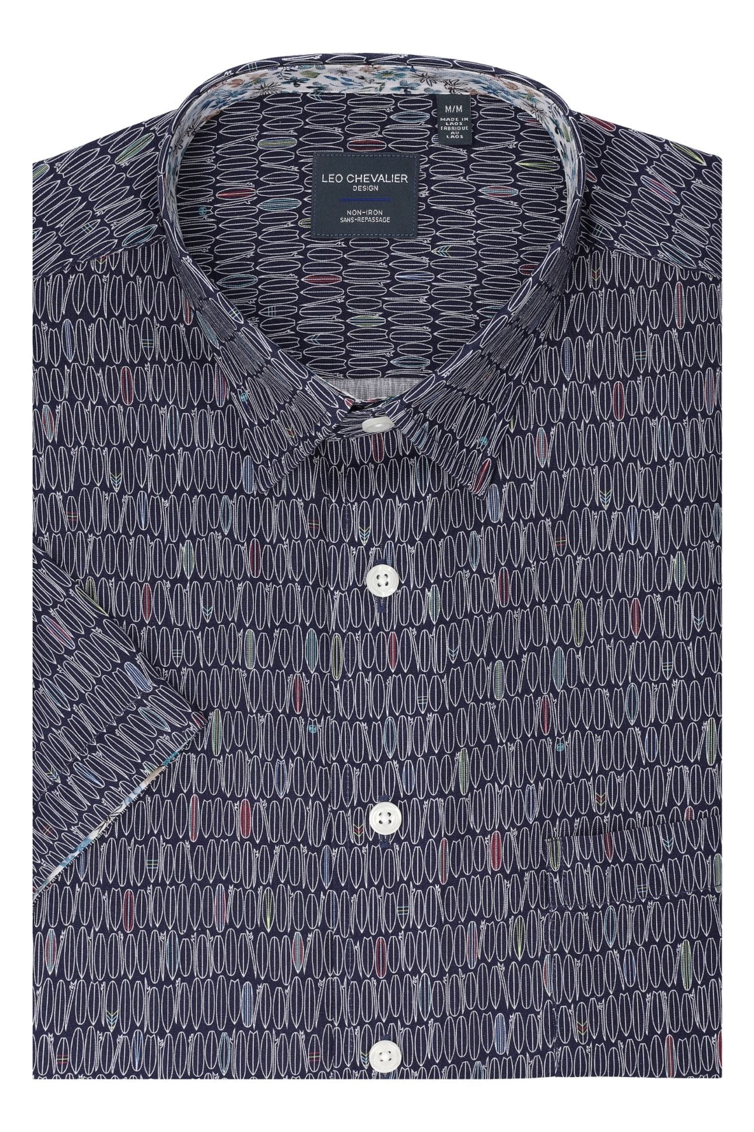 Surf's Up Navy Print Short Sleeve No-Iron Cotton Sport Shirt with Hidden Button Down Collar by Leo Chevalier