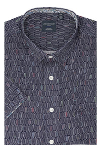 Surf's Up Navy Print Short Sleeve No-Iron Cotton Sport Shirt with Hidden Button Down Collar by Leo Chevalier
