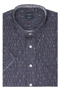 Surf's Up Navy Print Short Sleeve No-Iron Cotton Sport Shirt with Hidden Button Down Collar by Leo Chevalier