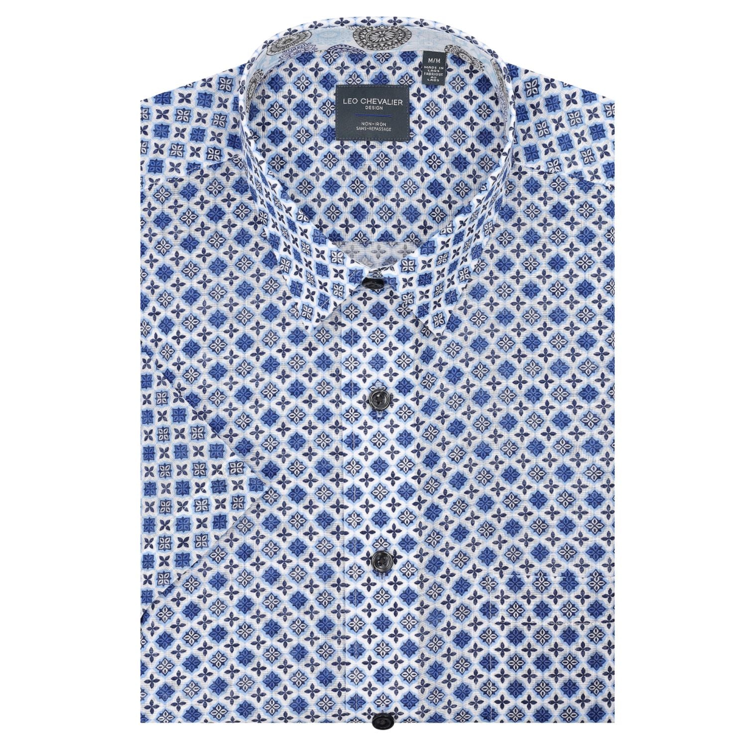 Blue Neat Geometric Print Short Sleeve No-Iron Cotton Sport Shirt with Hidden Button Down Collar by Leo Chevalier