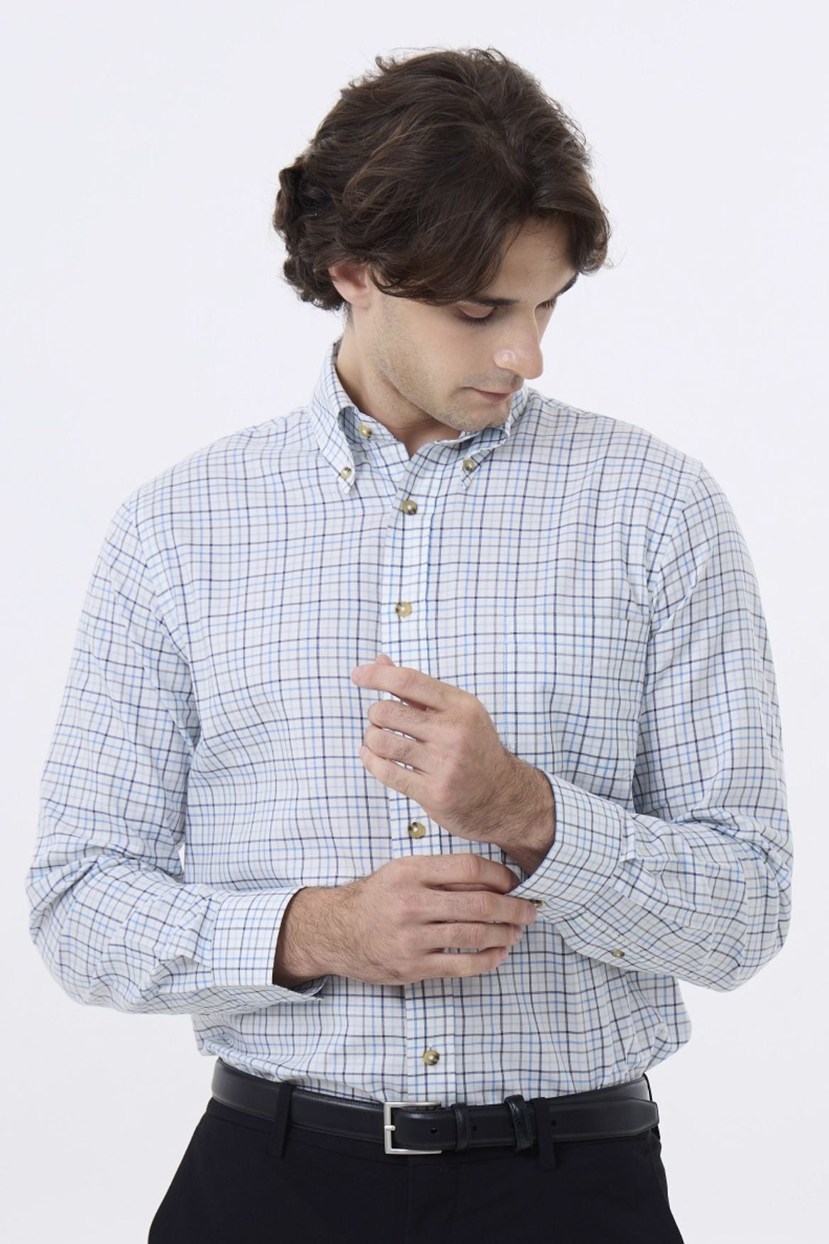 Summer Weight Blue Tattersall Cotton and Wool Blend Button-Down Shirt by Viyella