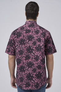 Large Floral Print Short Sleeve No-Iron Cotton Sport Shirt with Hidden Button Down Collar by Leo Chevalier