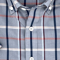 Grey, Navy, and Red Plaid Short Sleeve No-Iron Cotton Sport Shirt with Button Down Collar by Leo Chevalier