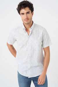 Grey and White Abstract Print Short Sleeve No-Iron Cotton Sport Shirt with Hidden Button Down Collar by Leo Chevalier