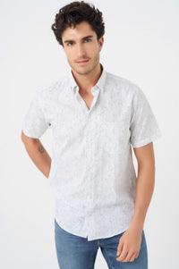 Grey and White Abstract Print Short Sleeve No-Iron Cotton Sport Shirt with Hidden Button Down Collar by Leo Chevalier