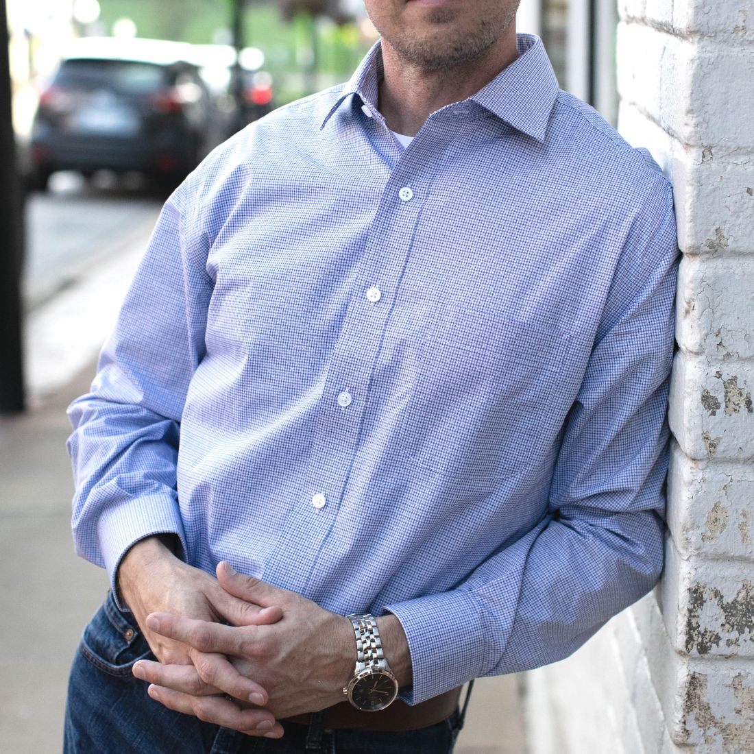 Blue Dobby on Graph Check Stretch Cotton Wrinkle-Free Dress Shirt with Spread Collar by Cooper & Stewart