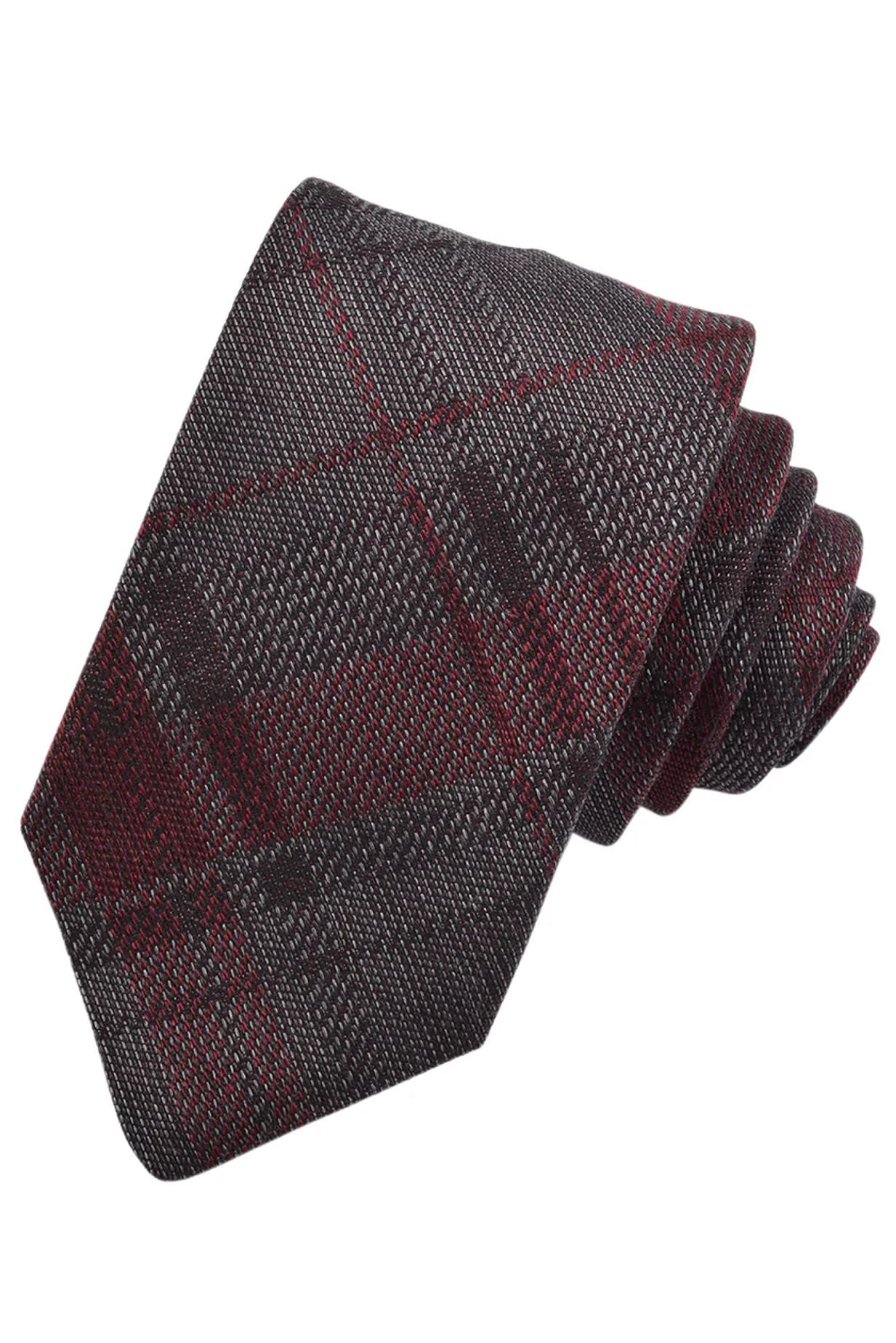 Wine and Grey Mélange Plaid Woven Silk, Cotton, and Wool Tie by Dion Neckwear