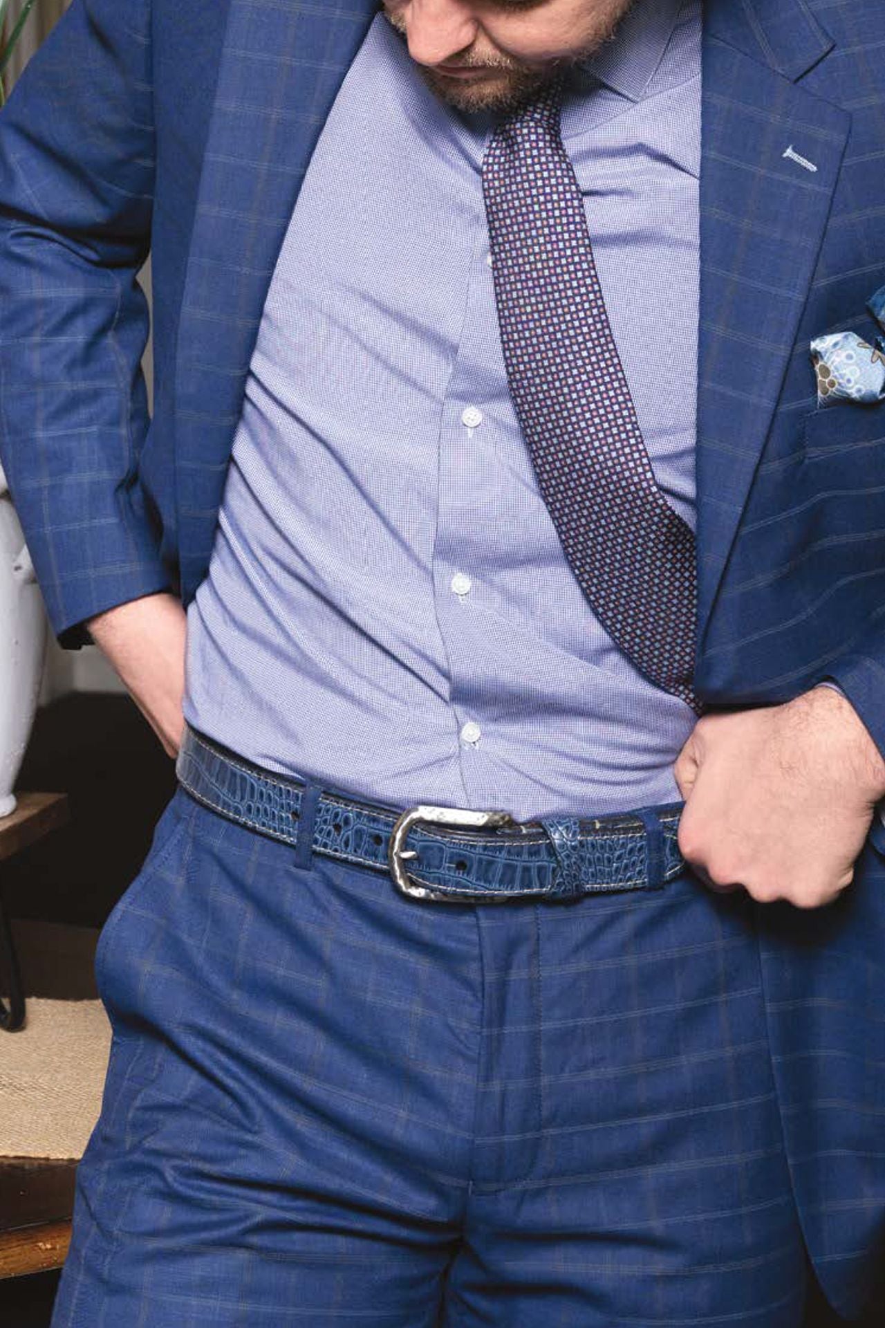 Italian Alligator Embossed Calfskin Leather Belt in Blue by Torino Leather