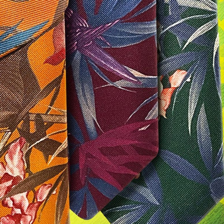 Burgundy, Navy, and Sand Rainforest Silk and Cotton Italian Printed Faille Tie by Dion Neckwear