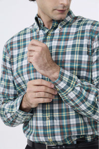 Summer Weight Green Multi Check Cotton and Wool Blend Button-Down Shirt by Viyella