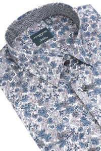 Grey and Blue Floral Print Cotton Sport Shirt with Hidden Button Down Collar by Leo Chevalier