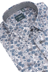 Grey and Blue Floral Print Cotton Sport Shirt with Hidden Button Down Collar by Leo Chevalier