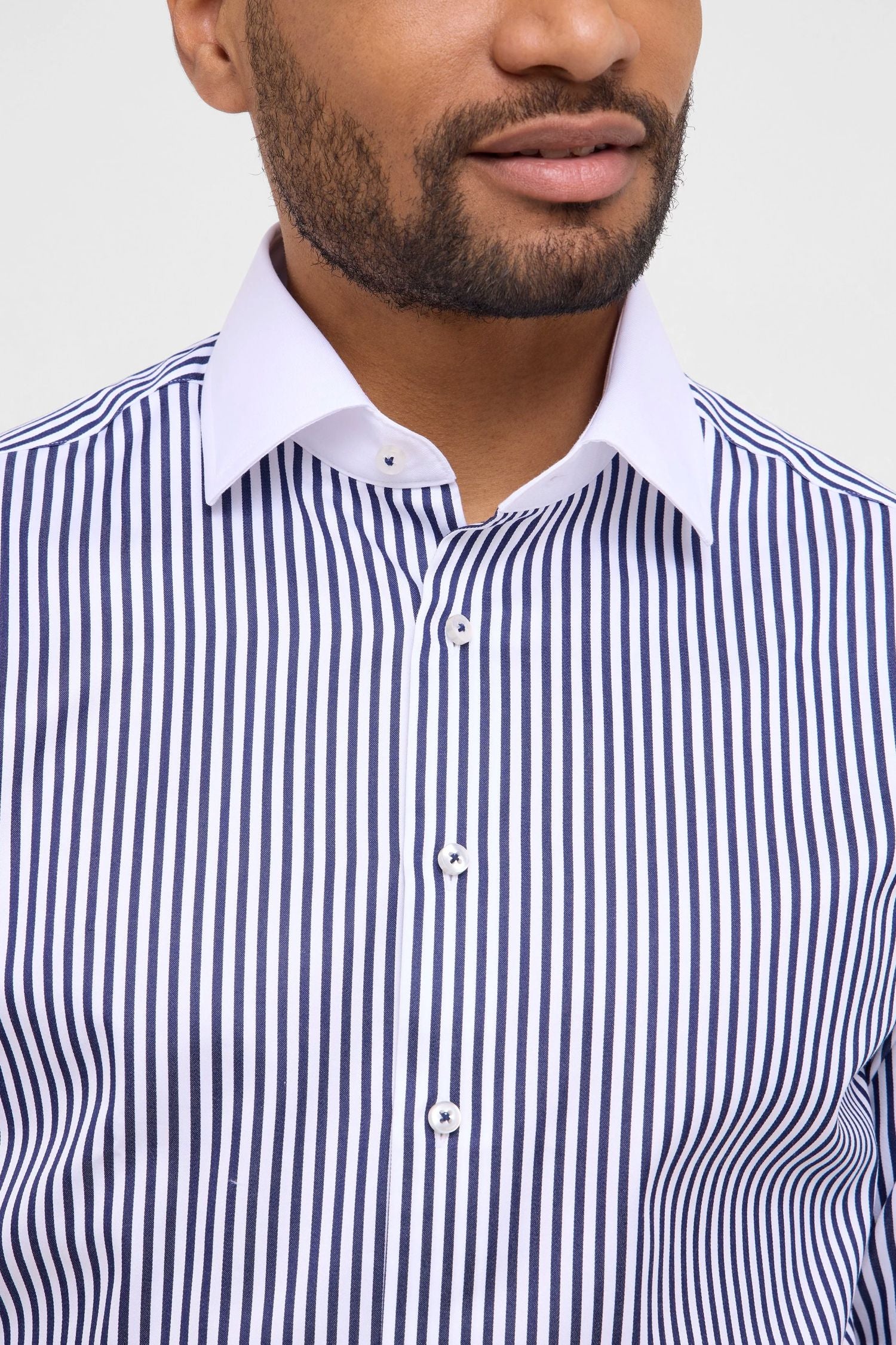 'Striped Sateen' in Navy with Contrast Collar and Cuff - Modern Fit - Two Ply Cotton Twill Dress Shirt with Kent Collar by Eterna 1863