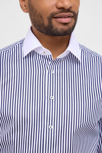 'Striped Sateen' in Navy with Contrast Collar and Cuff - Modern Fit - Two Ply Cotton Twill Dress Shirt with Kent Collar by Eterna 1863