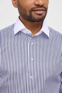 'Striped Sateen' in Navy with Contrast Collar and Cuff - Modern Fit - Two Ply Cotton Twill Dress Shirt with Kent Collar by Eterna 1863