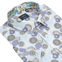 Blue and Brown Medallion Print Short Sleeve No-Iron Cotton Sport Shirt with Hidden Button Down Collar by Leo Chevalier