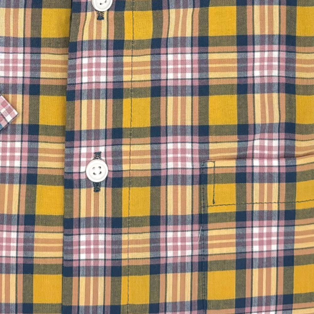 Yellow, Navy, and Pink Plaid Short Sleeve Stretch Cotton Sport Shirt by Viyella