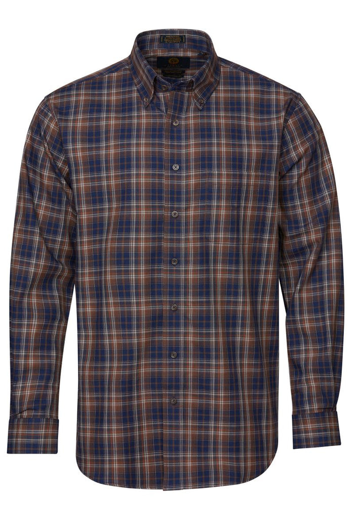 Brown, Navy, and Rust Plaid Cotton and Wool Blend Button-Down Shirt by Viyella