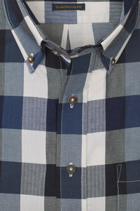 Navy Herringbone Plaid Cotton and Wool Blend Button-Down Shirt by Viyella