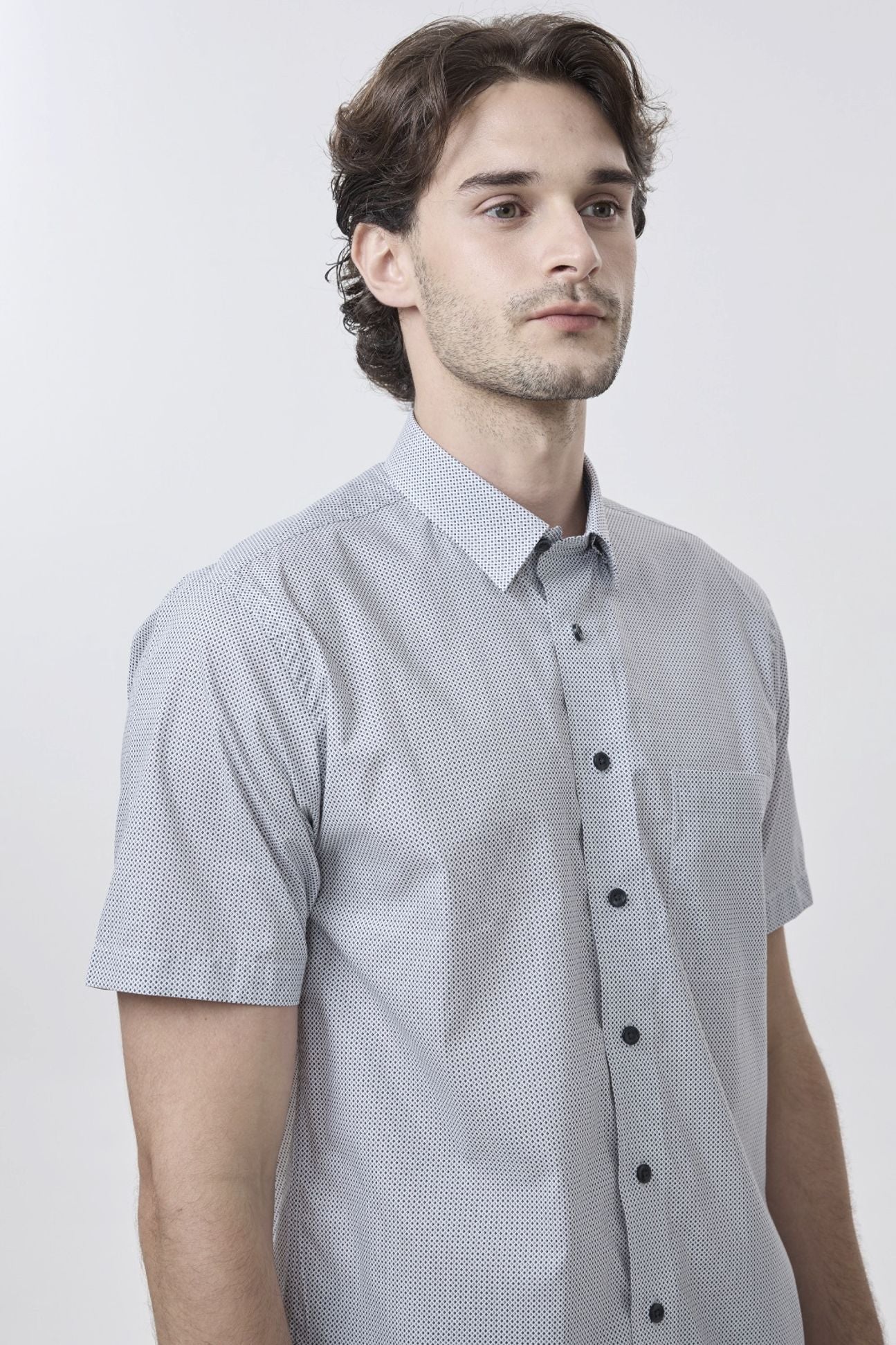 Multi Grey Mini Neat Geometric Short Sleeve No-Iron Cotton Sport Shirt with Hidden Button Down Collar by Leo Chevalier